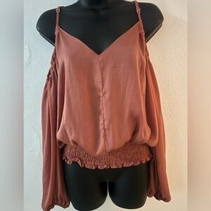 DO+BE Rust-Colored Cold-Shoulder Smocked-Hem Camisole